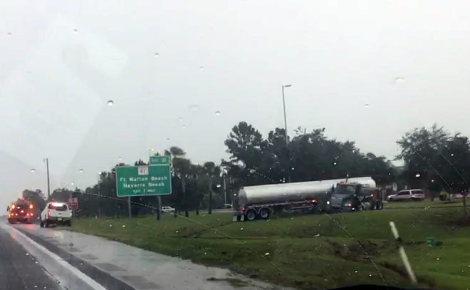 An empty oil tanker truck jackknifed Tuesday evening near the rest area off of eastbound Interstate 10 in Santa Rosa County.