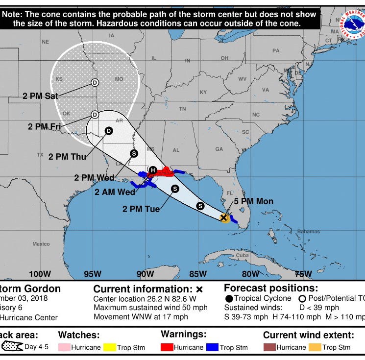 A handout image made available by National Oceanic and Atmospheric Administration shows the probable path of Tropical Storm Gordon, Gulf Coast, USA, 03 September 2018. Tropical Storm Gordon is expected to gain strength as it crosses the Gulf of Mexic