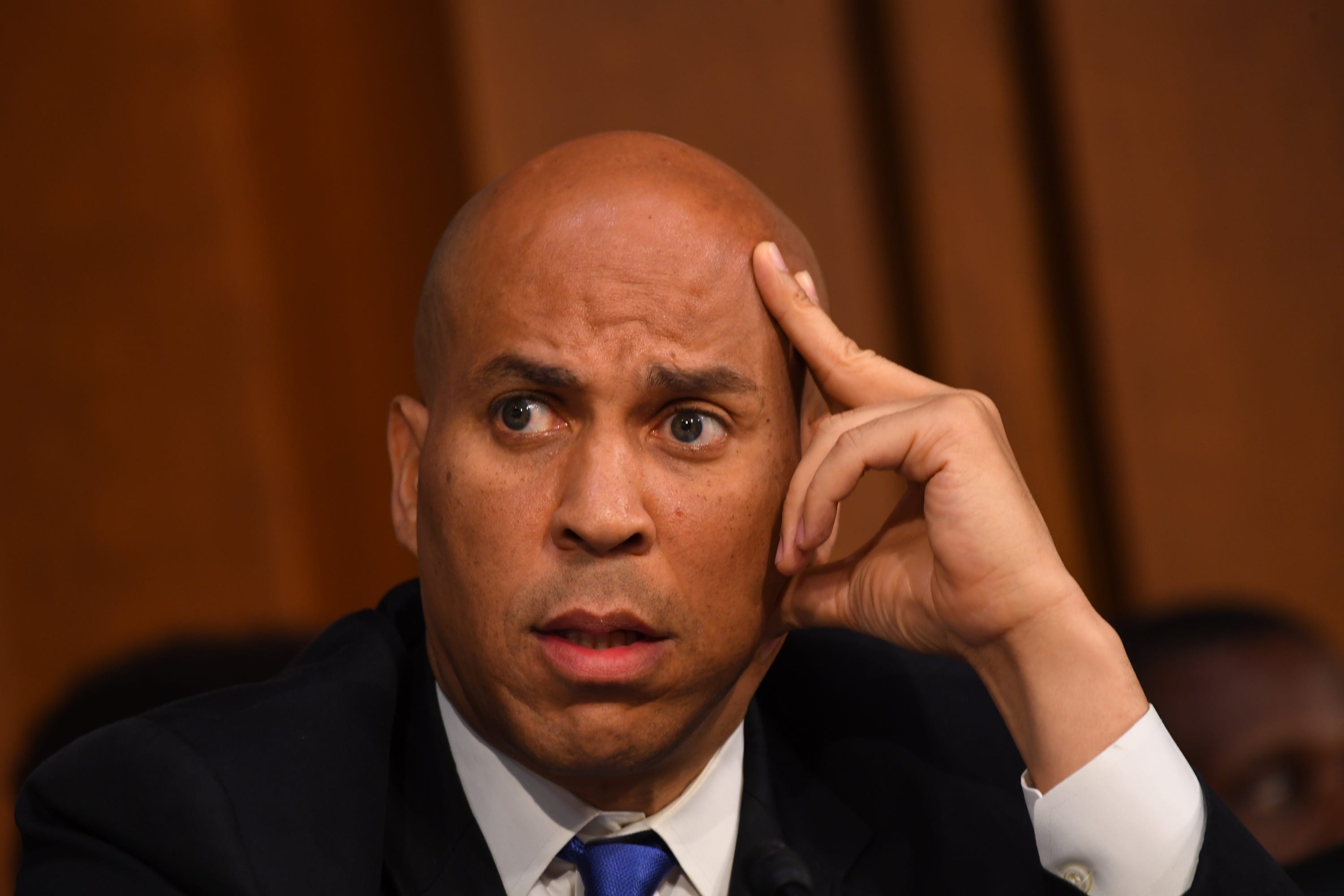 9/4/18 10:06:49 AM -- Washington, DC, U.S.A  --  Sen. Corey Booker (D-N.J.) listens during the hearing for Supreme Court Associate Justice nominee Brett Kavanaugh on Sept. 4, 2018 in Washington. Kavanaugh was nominated by President Donald Trump to replace Justice Anthony Kennedy,who retired from the Supreme Court in July.  --    Photo by Jack Gruber, USA TODAY Staff ORG XMIT:  JG 137433 Kavanaugh Confir 9/4/2018 (Via OlyDrop)