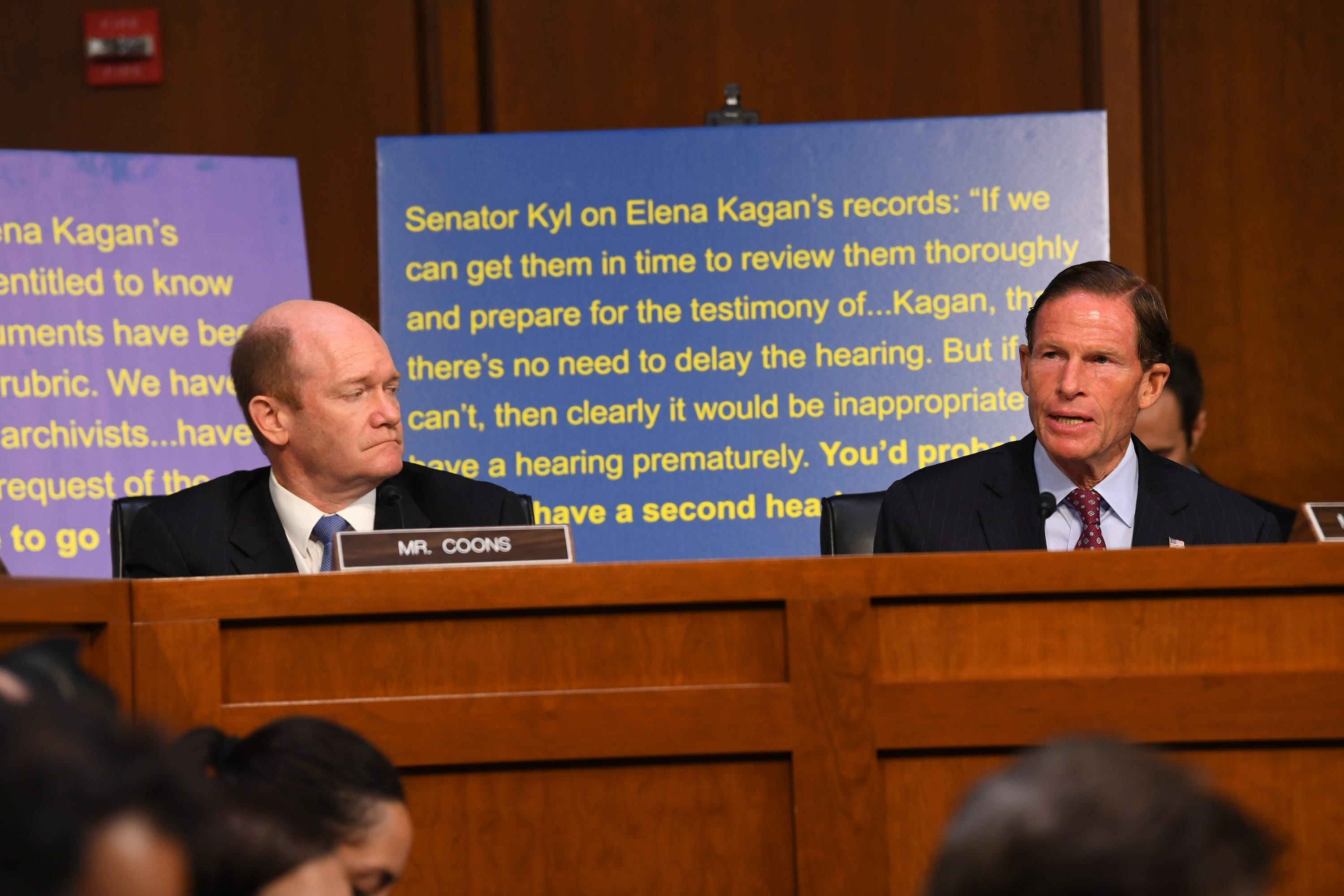 9/4/18 10:41:45 AM -- Washington, DC, U.S.A  -- Sen. Richard Blumenthal (D-Conn.), right speaks during the hearing for Supreme Court Associate Justice nominee Brett Kavanaugh on Sept. 4, 2018 in Washington. Kavanaugh was nominated by President Donald Trump to replace Justice Anthony Kennedy, who retired from the Supreme Court in July. Listening at left is Sen. Chris Coons (D-Del.). --    Photo by Jack Gruber, USA TODAY Staff ORG XMIT:  JG 137433 Kavanaugh Confir 9/4/2018 (Via OlyDrop)