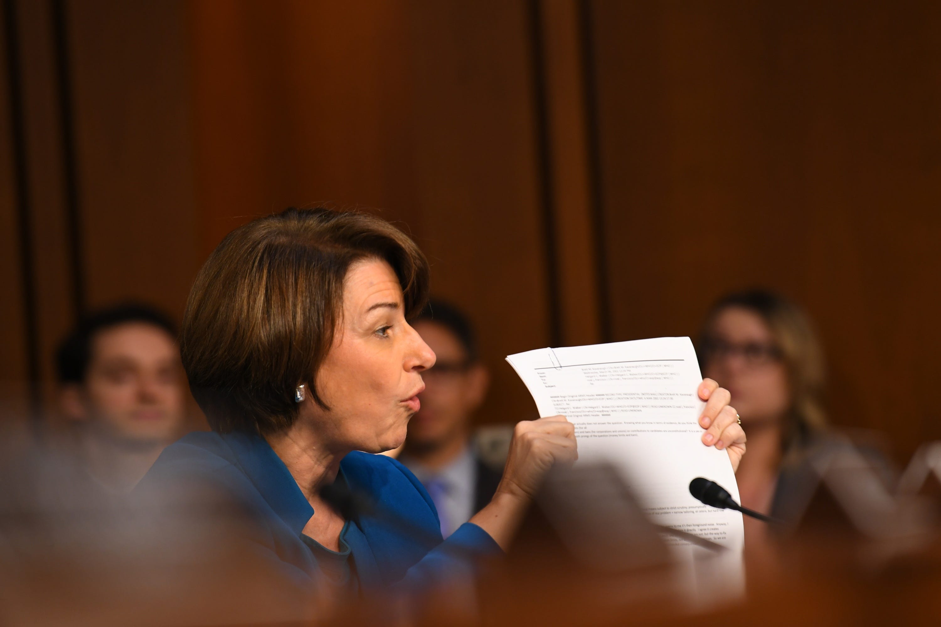 9/4/18 10:27:46 AM -- Washington, DC, U.S.A  -- Amy Klobuchar (D-Minn.) speaks during the hearing for Supreme Court Associate Justice nominee Brett Kavanaugh on Sept. 4, 2018 in Washington. Kavanaugh was nominated by President Donald Trump to replace Justice Anthony Kennedy, who retired from the Supreme Court in July.  --    Photo by Jack Gruber, USA TODAY Staff ORG XMIT:  JG 137433 Kavanaugh Confir 9/4/2018 (Via OlyDrop)