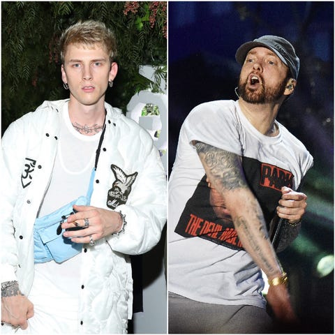 Rappers Machine Gun Kelly, left, and Eminem went...