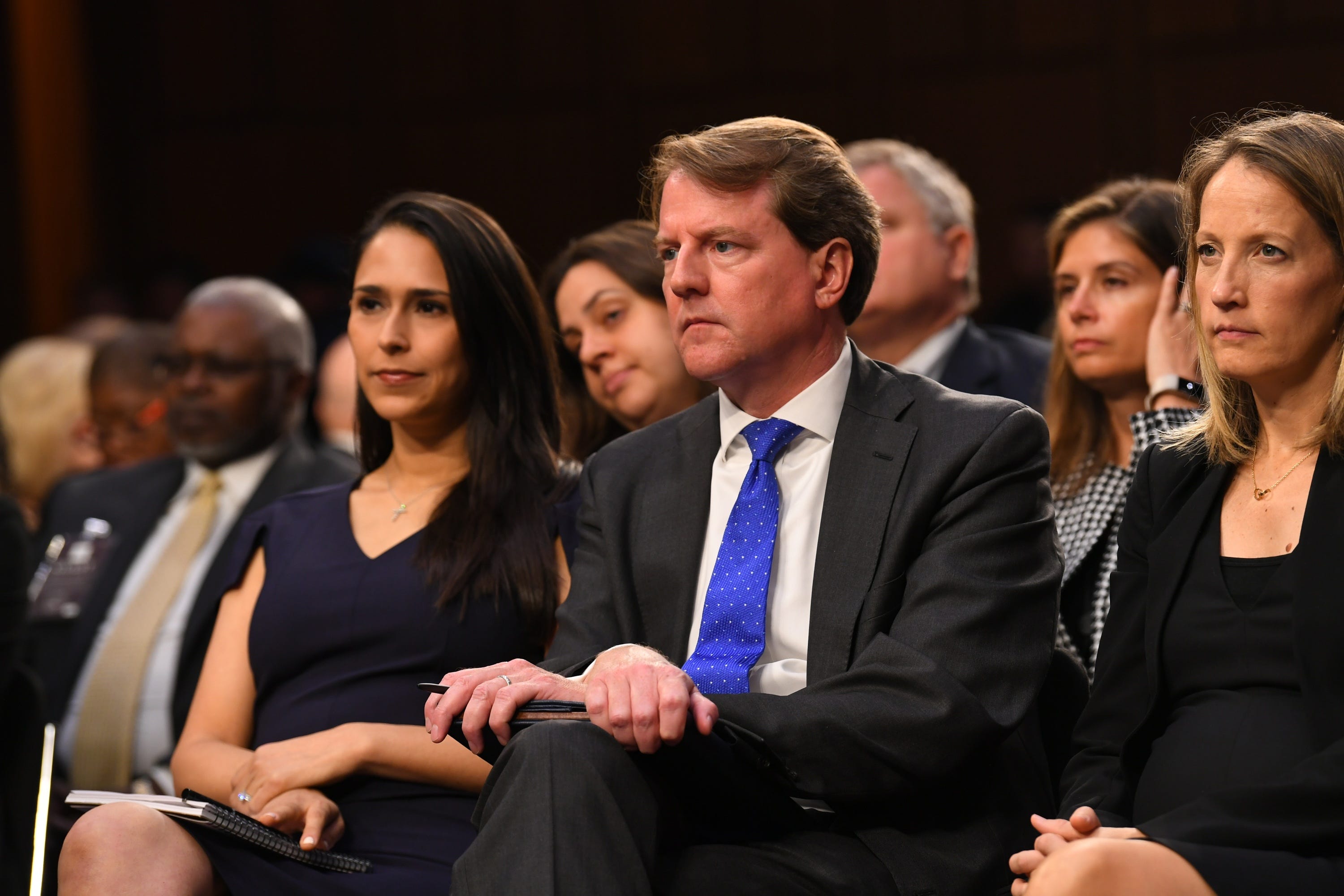 9/4/18 10:47:28 AM -- Washington, DC, U.S.A  - White House Attorney Don McGahn, center, listens during the hearing for Supreme Court Associate Justice nominee Brett Kavanaugh on Sept. 4, 2018 in Washington. Kavanaugh was nominated by President Donald Trump to replace Justice Anthony Kennedy, who retired from the Supreme Court in July.  --    Photo by Jack Gruber, USA TODAY Staff ORG XMIT:  JG 137433 Kavanaugh Confir 9/4/2018 (Via OlyDrop)