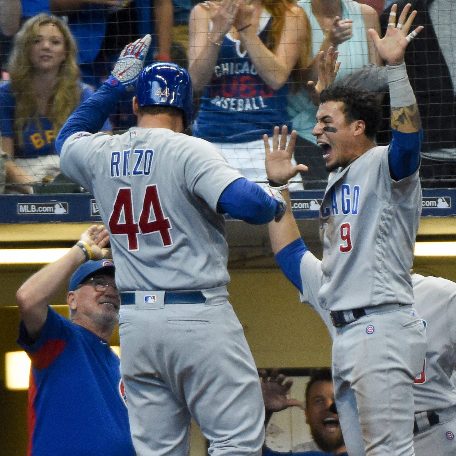Cubs first baseman Anthony Rizzo celebrates after hitting a two-run homer in the eighth inning against the Milwaukee Brewers.
