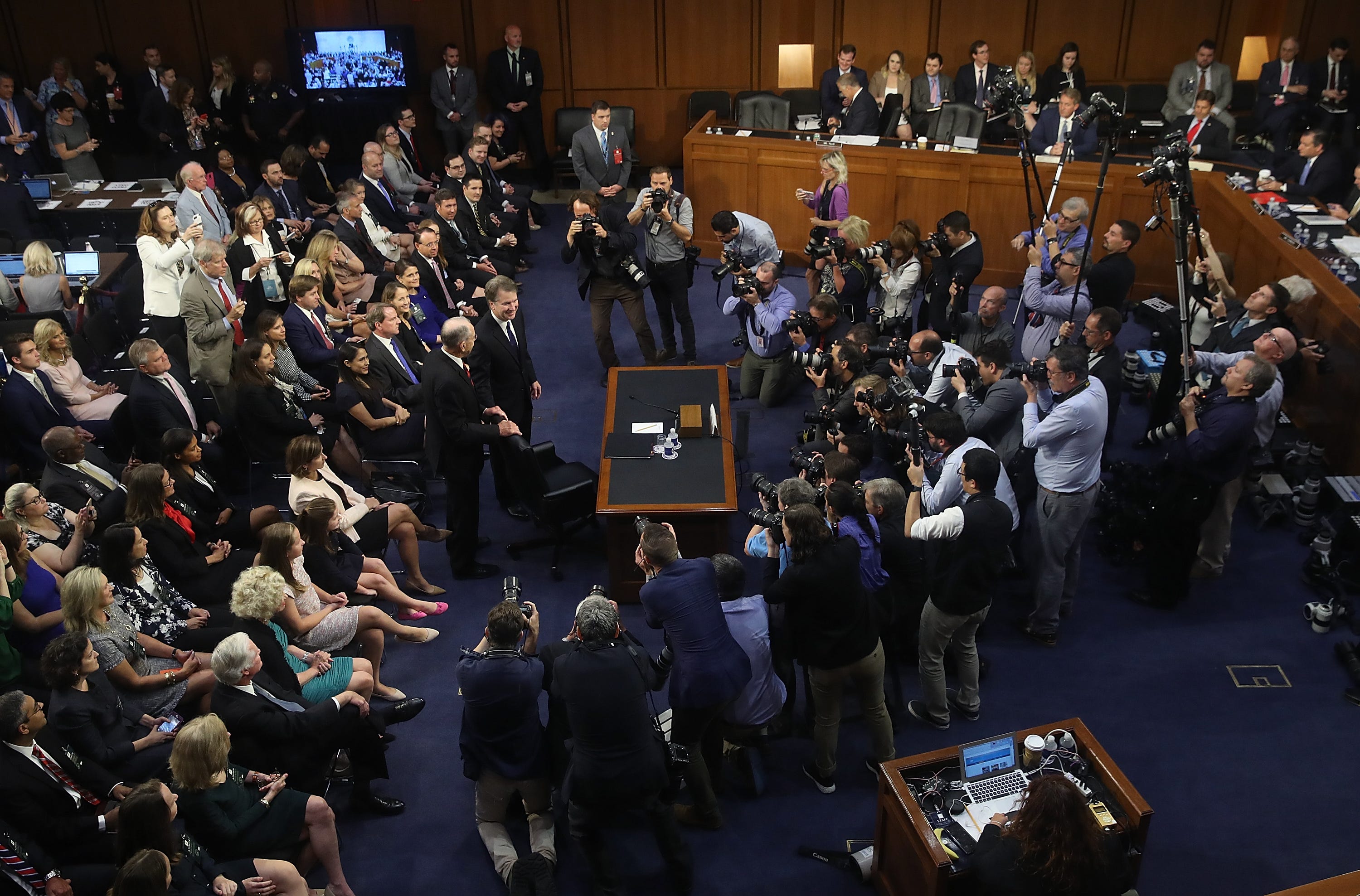 WASHINGTON, DC - SEPTEMBER 04:  Supreme Court nominee Judge Brett Kavanaugh is greeted by committee chairman Sen. Chuck Grassley (R-IA) as Kavanaugh arrives for testimony before the Senate Judiciary Committee during his Supreme Court confirmation hearing in the Hart Senate Office Building on Capitol Hill September 4, 2018 in Washington, DC. Kavanaugh was nominated by President Donald Trump to fill the vacancy on the court left by retiring Associate Justice Anthony Kennedy.  (Photo by Win McNamee/Getty Images) ORG XMIT: 775208795 ORIG FILE ID: 1026649294