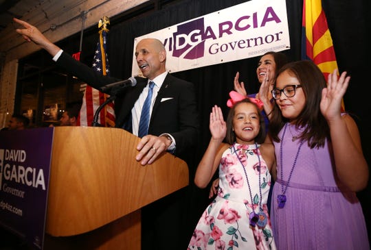 David Garcia, Democratic candidate for Arizona governor, addresses his supporters at Roland's Cafe and Market on Aug. 28, 2018, in Phoenix. Garcia won the Democratic primary and will face incumbent Republican Gov. Doug Ducey in November.