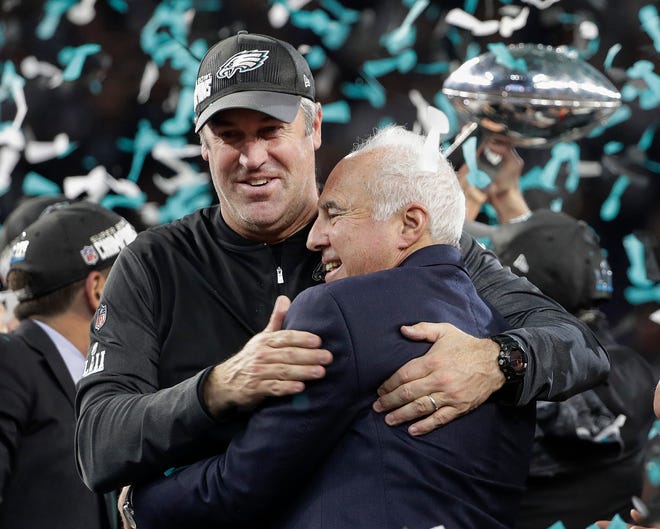 FILE - In this Feb. 4, 2018, file photo, Philadelphia Eagles owner Jeffrey Lurie, right, and head coach Doug Pederson celebrate after the NFL Super Bowl 52 football game against the New England Patriots, in Minneapolis. Before the Eagles begin their quest for a repeat, they'll have one more celebration when the first Super Bowl banner in franchise history is unveiled in front of a sellout crowd that waited forever to witness the moment. "It's going to be a great night," Pederson said. (AP Photo/Chris O'Meara, File)