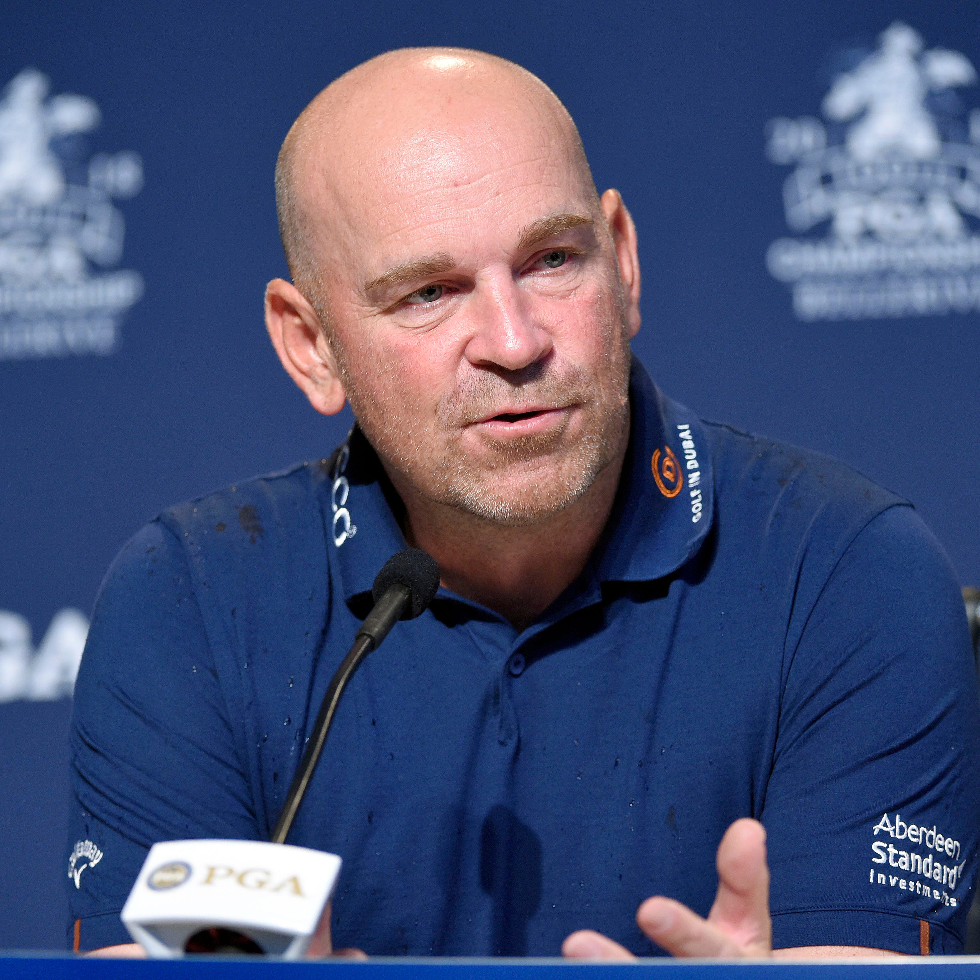 Thomas Bjorn, captain for the 2018 European Ryder Cup team, addresses the media during a press conference before the PGA Championship.