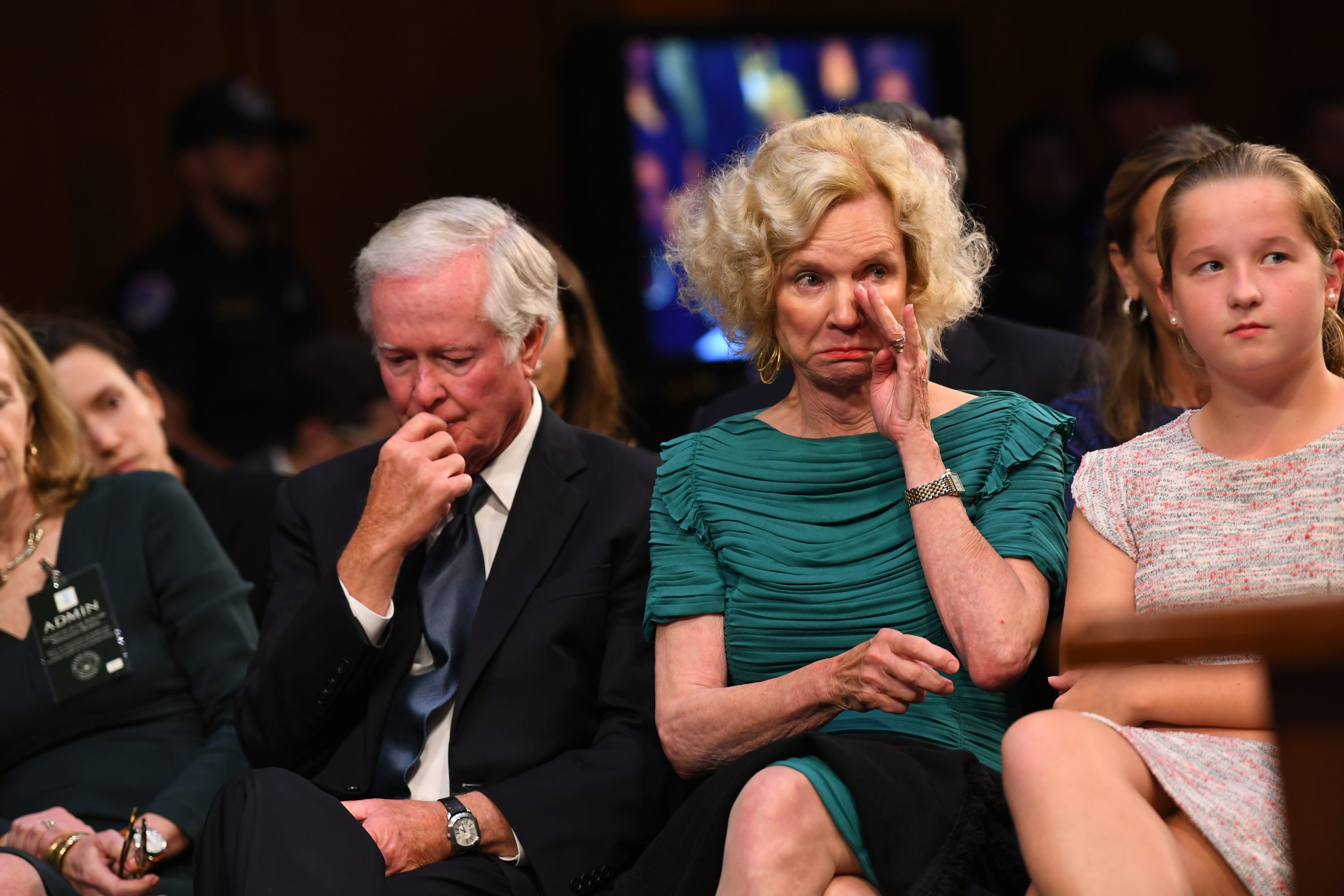 9/4/18 4:29:00 PM -- Washington, DC, U.S.A  -- Everett Kavanaugh Jr. and Martha Kavanaugh, the parents of Supreme Court Associate Justice nominee Brett Kavanaugh, and daughter Margaret listen as Supreme Court Associate Justice nominee Brett Kavanaugh appears before the Senate Judiciary Committee during his confirmation hearing on Sept. 4, 2018 in Washington. Kavanaugh was nominated by President Donald Trump to replace Justice Anthony Kennedy,who retired from the Supreme Court in July.  --    Photo by Jack Gruber, USA TODAY Staff ORG XMIT:  JG 137433 Kavanaugh Confir 9/4/2018 (Via OlyDrop)