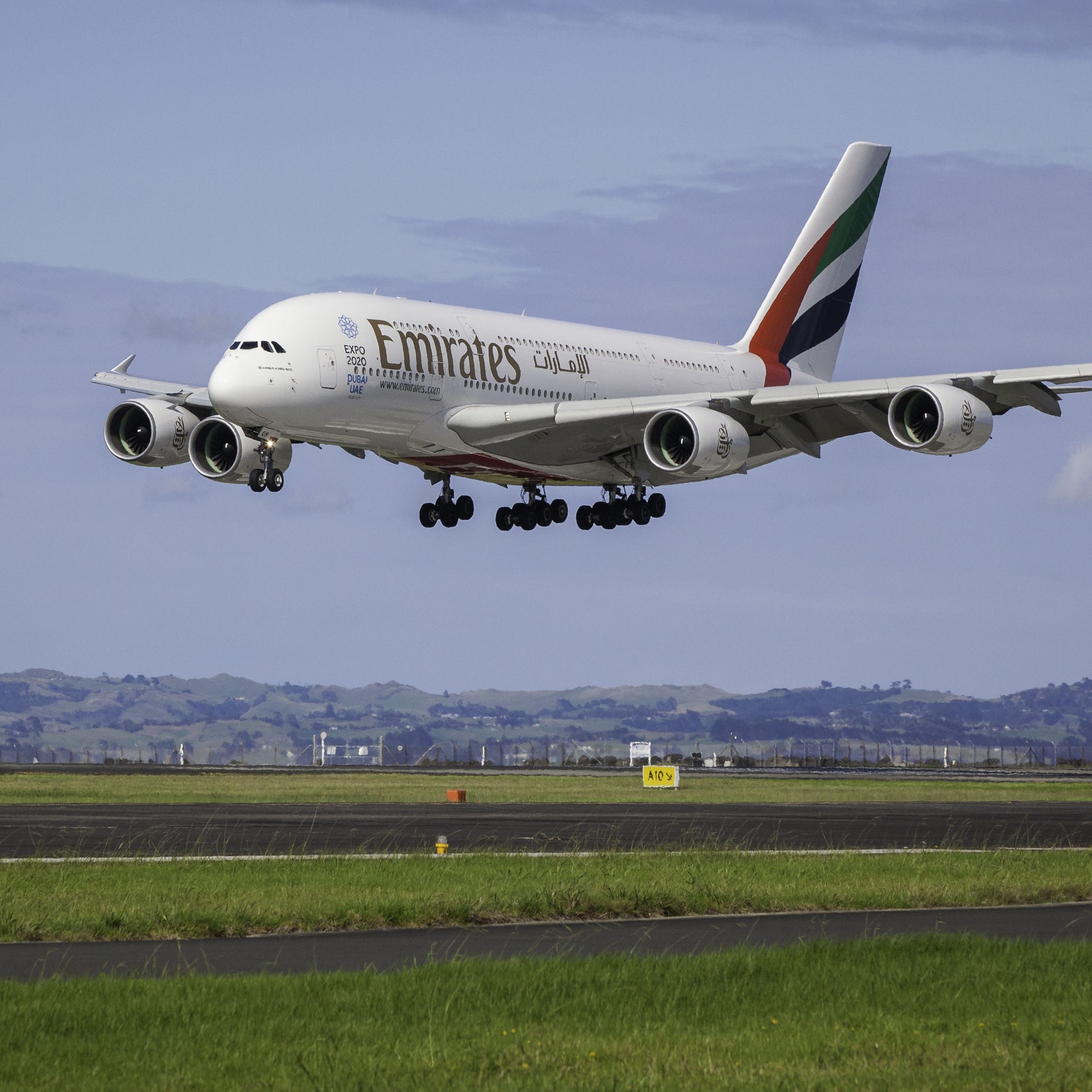 This file photo from March 2, 2016, shows an Emirates airline Airbus A380 touching down in Auckland, New Zealand.