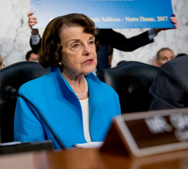 Sen. Dianne Feinstein, D-Calif., the ranking member on the Senate Judiciary Committee, questions Kavanaugh as he testifies before the Senate Judiciary Committee on Capitol Hill in Washington, Sept. 5, 2018, for the second day of his confirmation to replace retired Justice Anthony Kennedy.