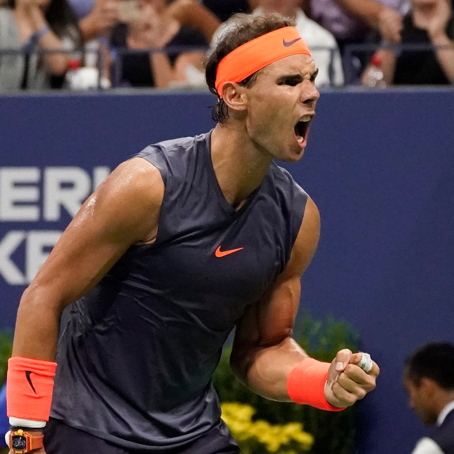 Rafael Nadal reacts after winning the second set against Dominic Thiem.