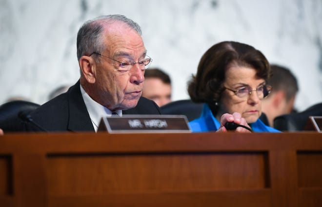 Sep 5, 2018; Washington, DC, USA; Senator Chuck Grassley, chairman of the Senate Judiciary Committee and Senate Judiciary Ranking Member Dianne Feinstein, right, while Supreme Court Associate Justice nominee Brett Kavanaugh appears before the Senate Judiciary Committee during his confirmation hearing.