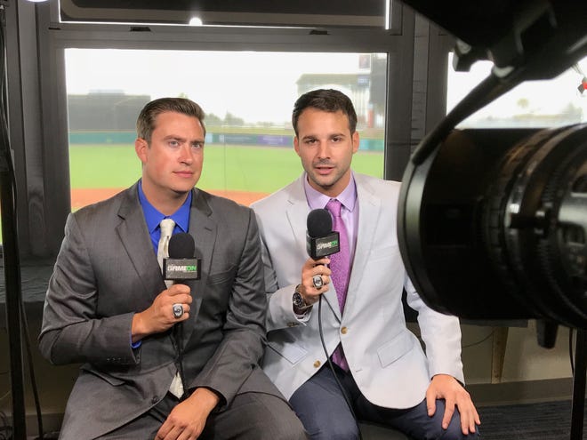 Pensacola Blue Wahoos announcer Tommy Thrall, left, will make his major league broadcast debut this weekend with the Cincinnati Reds, filling in for Marty Brennaman. Chris Garagiola, right, will be handling Blue Wahoos playoff games.