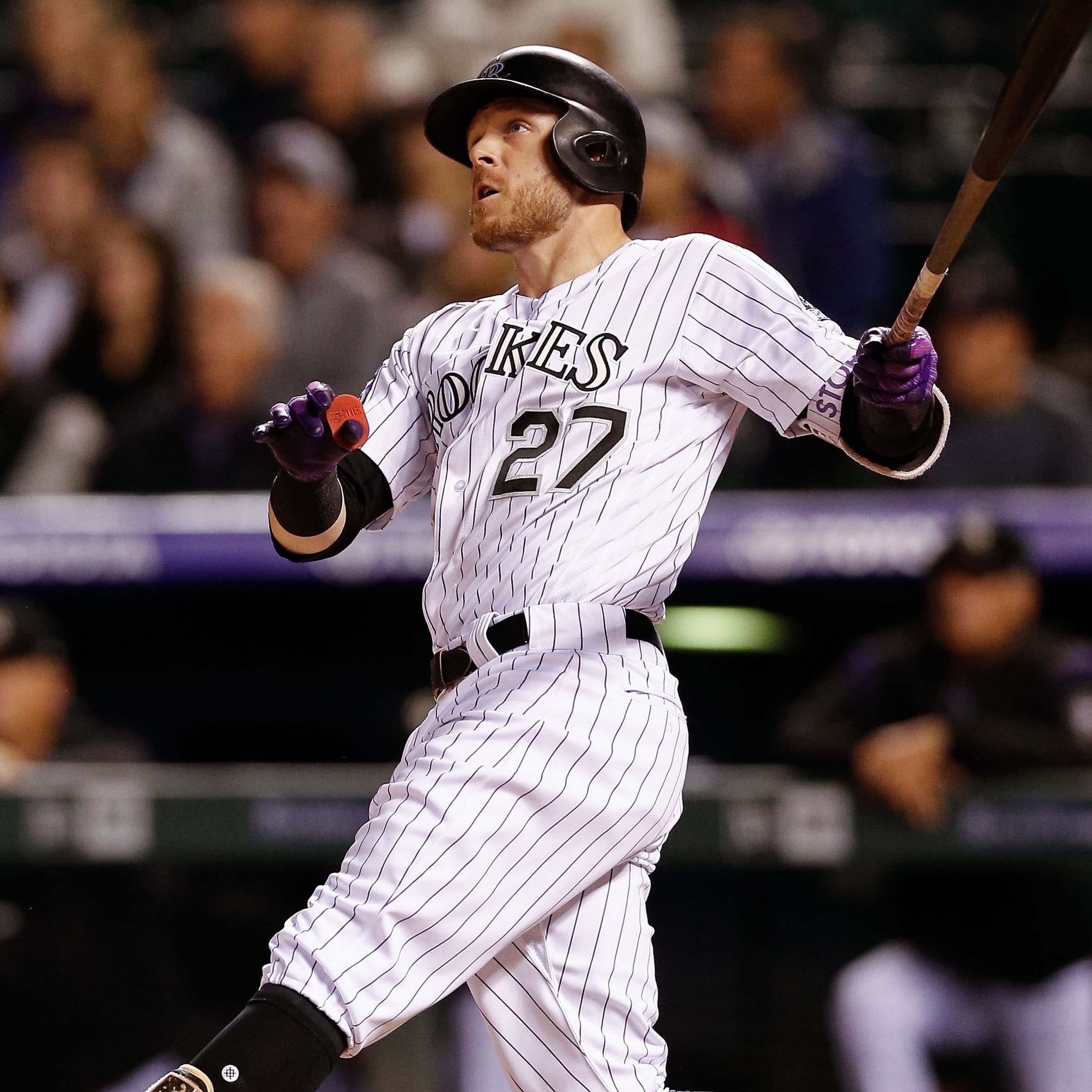 Trevor Story watches his 505-foot home run leave the yard at Coors Field.