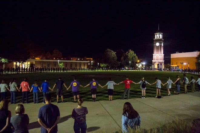 An estimated few hundred students at Freed-Hardeman University gathered for prayer on campus Sept. 26, 2018, for Slater Springman.