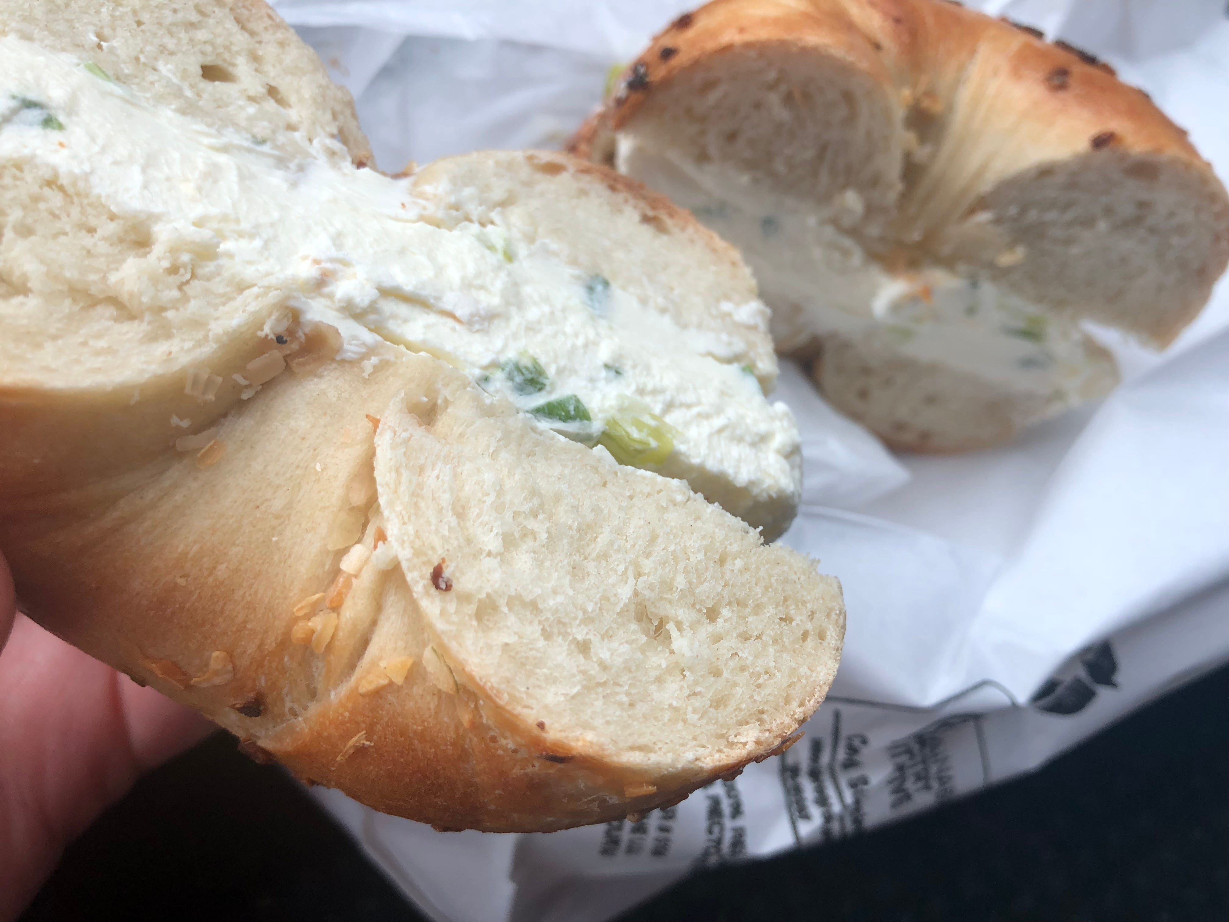 Try the Onion Bagel with Leek Cream Cheese at Plaza Bagels & Deli.