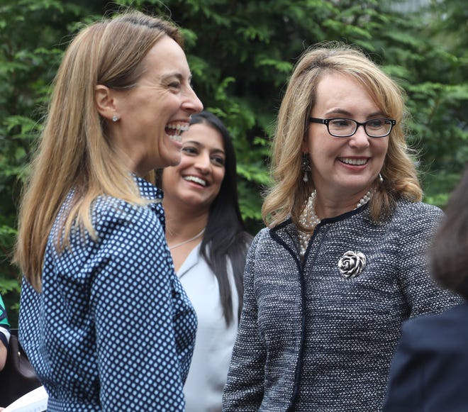 Here is candidate for the Democratic candidate for  congress Mikie Sherrill and former congresswoman Gabby Giffords outside the American Legion Post in Woodland Park before the speeches began. 