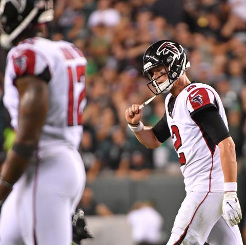 Matt Ryan reacts after failing to score late in...