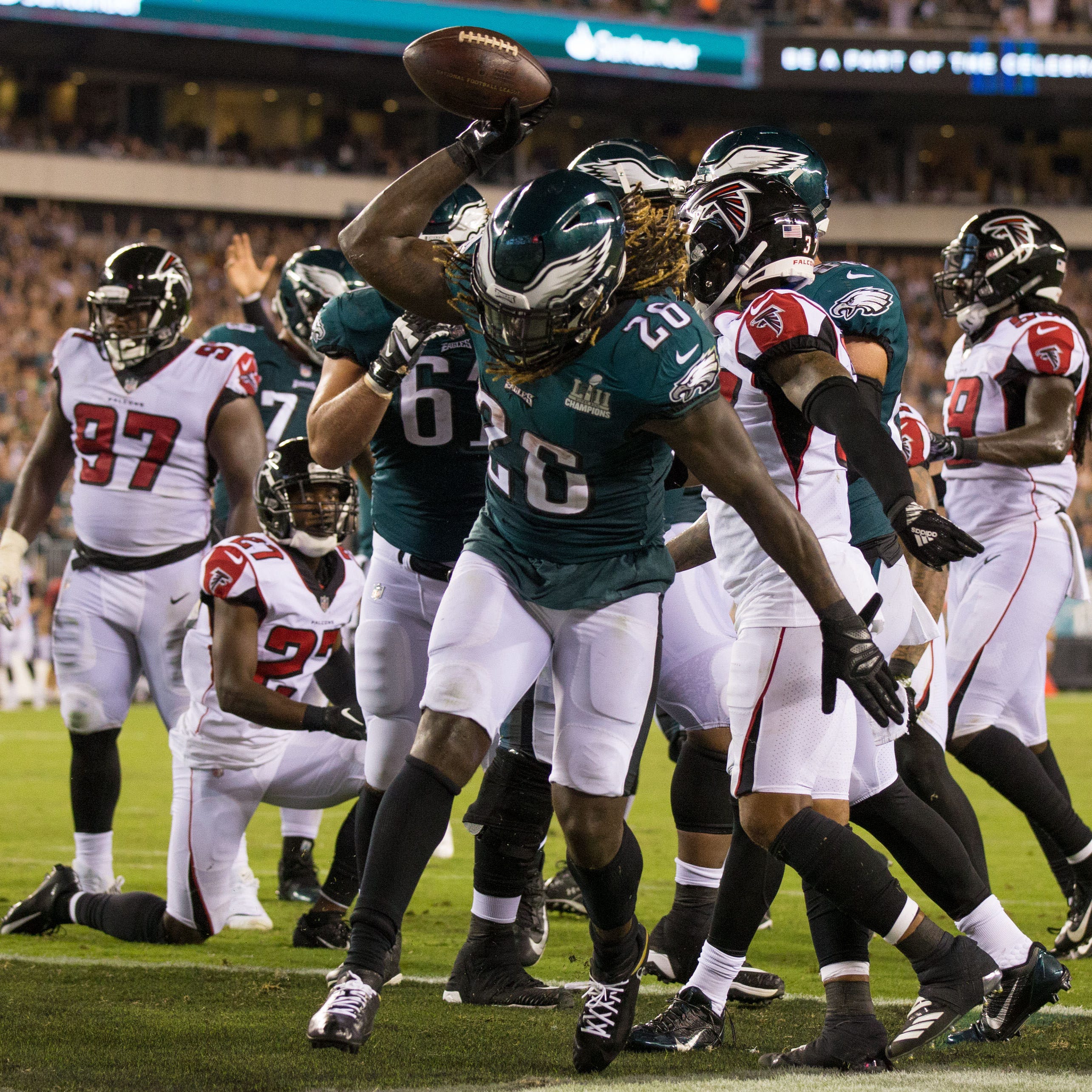 Sep 6, 2018; Philadelphia, PA, USA; Philadelphia Eagles running back Jay Ajayi (26) reacts to his touchdown against the Atlanta Falcons during the third quarter at Lincoln Financial Field. Mandatory Credit: Bill Streicher-USA TODAY Sports