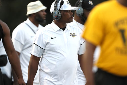 Whitehaven Head Coach Rodney Saulsberry leads his team against Lausanne at Rhodes College on Friday, Sept. 7, 2018.