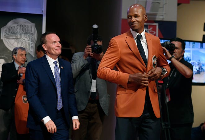 Ray Allen is all smiles after being presented with his Hall of Fame jacket.