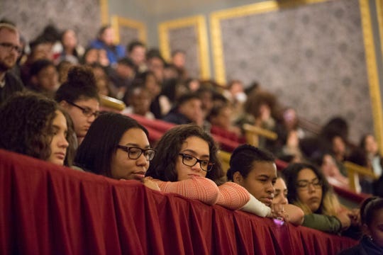 Students from three Paterson schools — Eastside, JFK and Panther Academy — listen to cast members from the Broadway smash "Hamilton" last year. Paterson's schools remain among the most racially segregated in the state.