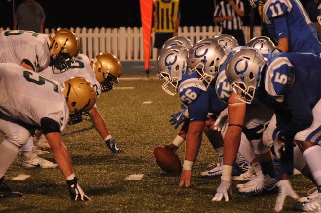 The Carlsbad Cavemen offense lines up against the Atrisco Heritage Jaguars on Sept. 7, 2018. The Cavemen travel to Albuquerque on Saturday and look for another big win vs. the Jaguars. Last year the Cavemen won, 51-0.