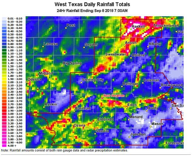 Heavy rains fell on West Texas Friday, Sept. 7, as some areas saw more than 8 inches of rain, and San Angelo set a new record with 2.35 inches of rain, besting the 1.48 inches that fell on that date in 1944.