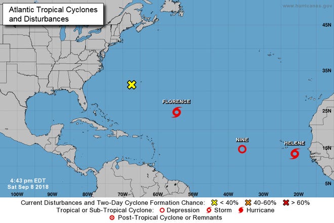 A graphic from the National Hurricane Center shows an overview of active systems in the Atlantic as of 5 p.m., Saturday, September 8.