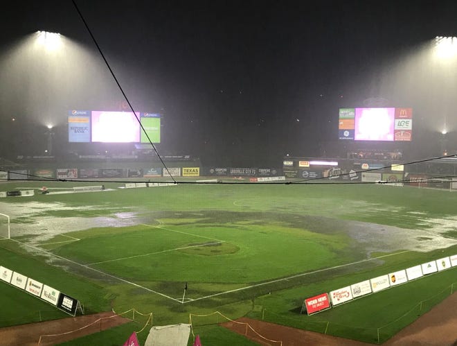 Moments prior to the postponement of the match, the field at Louisville Slugger Field floods from a downpour during the FC Cincinnati versus Louisville City FC match.
