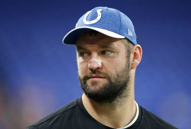 Indianapolis Colts defensive end Margus Hunt (92) before the start of their game against the Cincinnati Bengals at Lucas Oil Stadium on Sept. 9, 2018. 