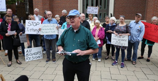 Cal Pfeiffer, of the Survivors Network of those Abused by Priests, issued a statement by the group urging the Archdiocese of Louisville to identify abusers in the church and report those incidents to the authorities.  They were outside the Cathedral of the Assumption.Sep. 10, 2018