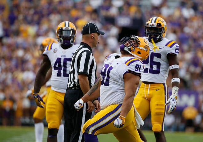 LSU defensive end Breiden Fehoko (91) reacts after a defensive stop against Southeastern Louisiana on Sept. 8, 2018 in Baton Rouge, La.