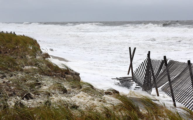 Hurricane Florence is causing stormy conditions and red flag warnings at Rehoboth Beach Monday morning.  Rehoboth city crews removed trash cans and beach mobi-mats from the dune crossings as the surf reaches the boardwalk at high tide. 