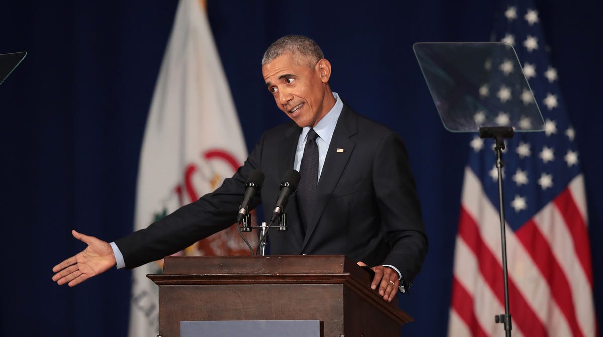 Former President Barack Obama at the University of Illinois on Sept. 7, 2018.