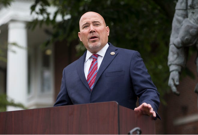 Congressman Tom MacArthur speaks during the ceremony. Toms River Fire Companies #1 and #2 hold a 9/11 ceremony to remember the attack that took the lives of over 3,000 Americans seventeen years ago today. Members of Pleasant Plains Fire Company, East Dover Fire Company and FDNY came out to support the first responders. 
Toms River, NJ
Tuesday, September 11, 2018