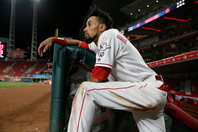 Cincinnati Reds center fielder Billy Hamilton (6) watches from the top of the stairs in the top of the eighth inning of the MLB National League game between the Cincinnati Reds and the Los Angeles Dodgers at Great American Ball Park in downtown Cincinnati on Monday, Sept. 10, 2018.