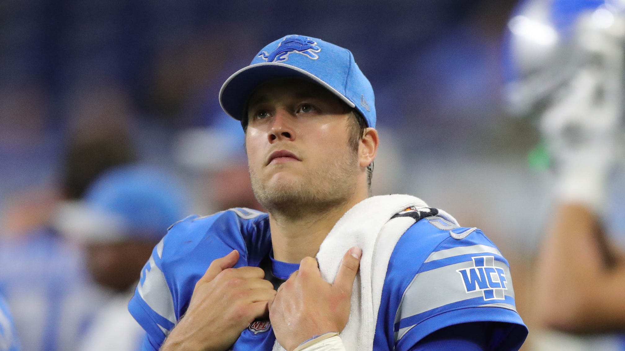 Detroit Lions quarterback Matthew Stafford on the sideline during the 48-17 loss to the New York Jets on Monday, Sept. 10, 2018, at Ford Field in Detroit.