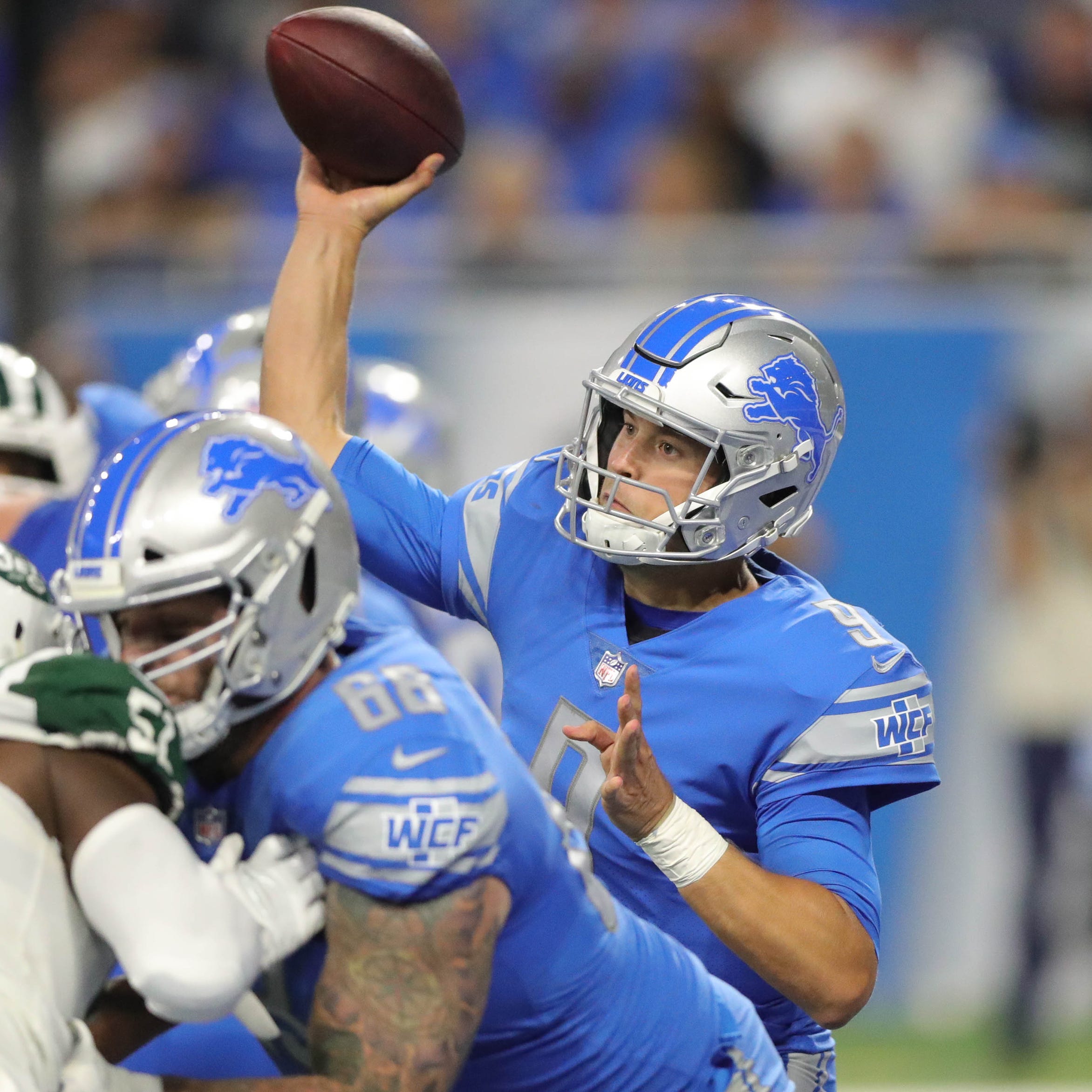 Detroit Lions quarterback Matthew Stafford passes against the New York Jets during the first half Monday, Sept. 10, 2018, at Ford Field in Detroit.