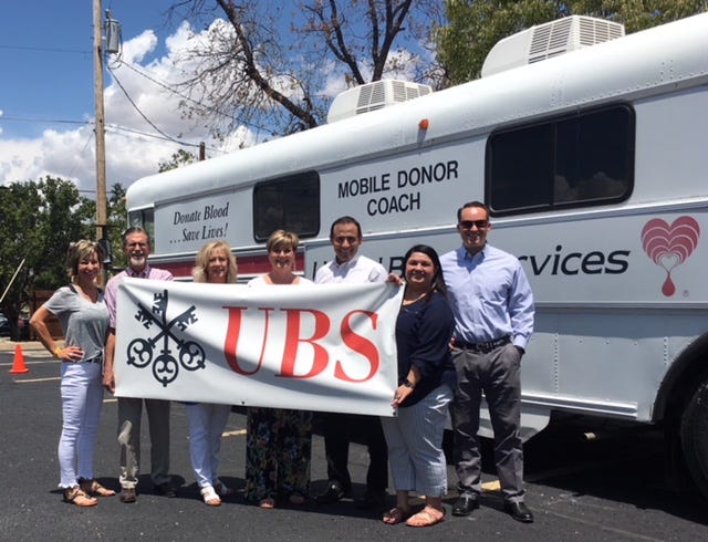 UBS Financial Services, Inc. and United Blood Services of San Angelo partnered for their eighth annual Blood Drive and Hamburger Lunch. Sixteen donors donated 18 pints of blood, saving the lives of 54 hospital patients. Pictured from left to right are Ruth Wilde, Lee Horton, Bridget Doyle, Julie Kasberg, Ryan Barnes, Susan Scoggin and Dee Jay Wilde.