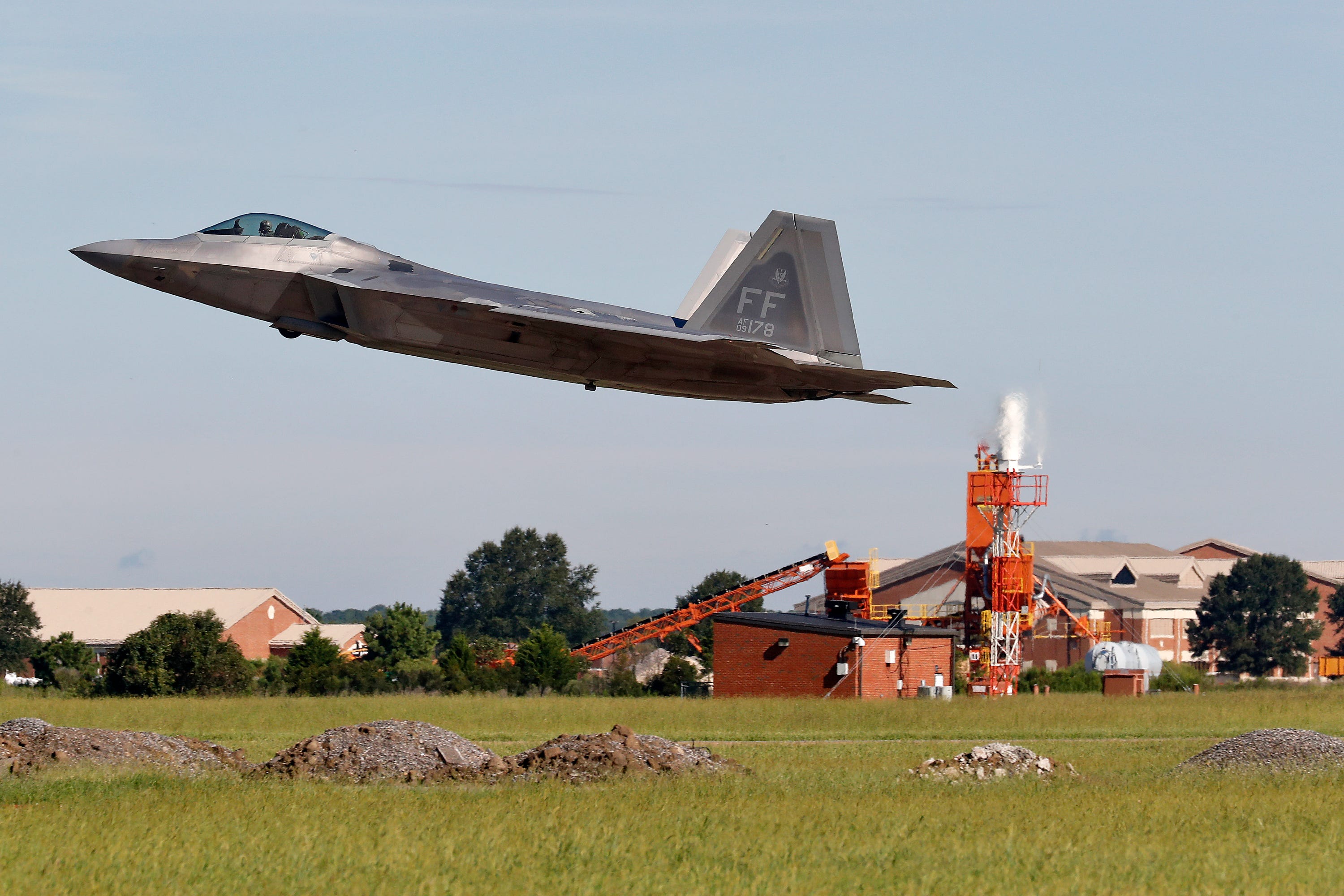 "An F22 departs Langley Air Force Base, Va. Sept. 11, 2018,as Hurricane Florence approaches