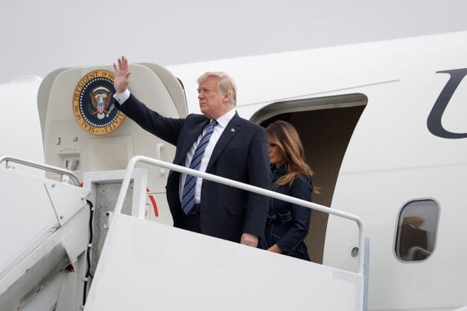 President Donald Trump and first lady Melania Trump arrive at the John Murtha Johnstown-Cambria County Airport in Johnstown, Pa., Tuesday, Sept. 11, 2018. Trump will be speaking during the September 11th Flight 93 Memorial Service in Shanksville, Pa. (AP Photo/Evan Vucci) ORG XMIT: PAEV205