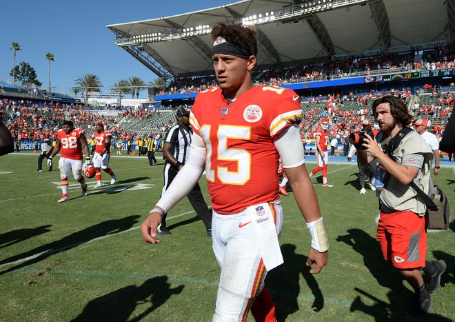Kansas City Chiefs quarterback Patrick Mahomes (15) following the 38-28 victory against the Los Angeles Chargers at StubHub Center.