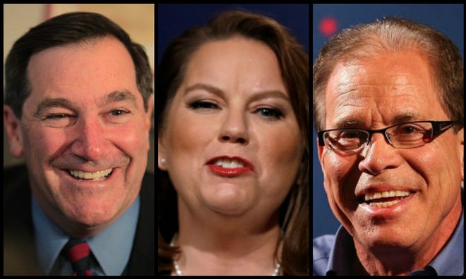 From left, Democrat Joe Donnelly, Libertarian Lucy Brenton, and Republican Mike Braun are seeking one of Indiana's seats in the U.S. Senate.