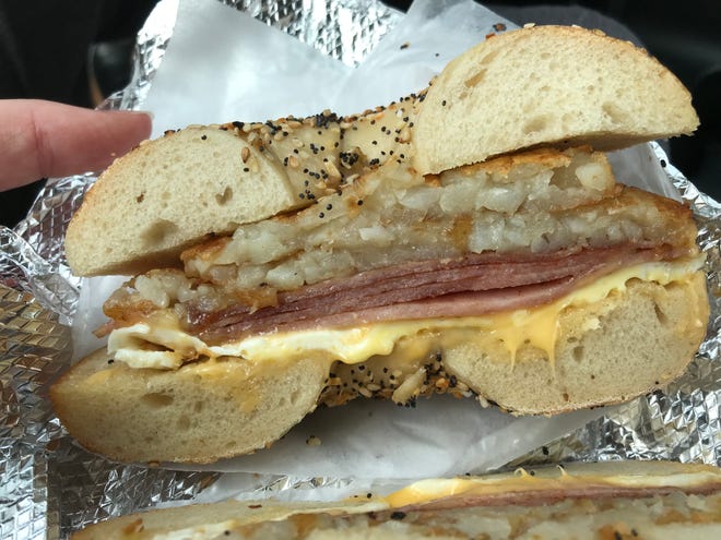Bagel Emporium stacks its breakfast sandwiches with hashbrowns.