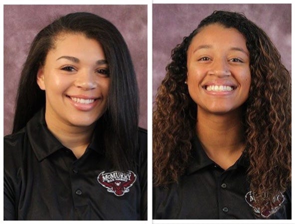 Cooper graduates Emarie James (left) and Kianni Mitchell have used their high school connection to help lead the McMurry volleyball team to a 9-0 record in 2018.
