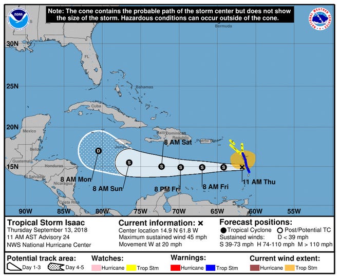 Tropical Storm Isaac 11 a.m. Sept. 13, 2018.