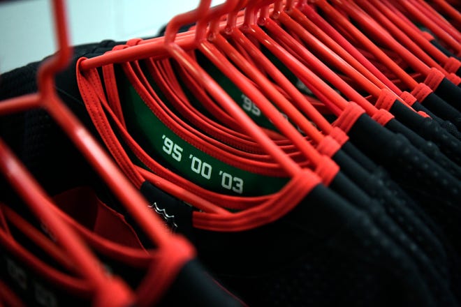 The years the New Jersey Devils won the Stanley Cup are stitched into the jerseys, seen during media day at the Prudential Center in Newark, NJ on Thursday, September 13, 2018.
