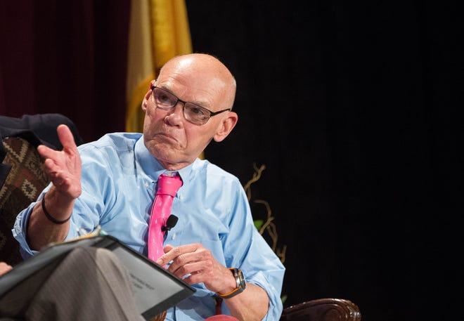 James Carville, right, political consultant, discusses the 2018 midterm elections and the Trump Presidency during a panel discussion at the 2018 Domenici Public Policy Conference, Thursday, September 13, 2018.